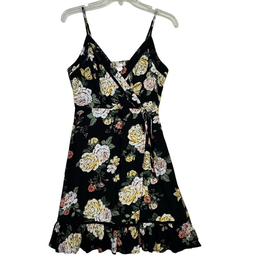 B.O.G Collective Black Faux Wrap Dress Yellow Pink Rose Print Size Small Ruffled
